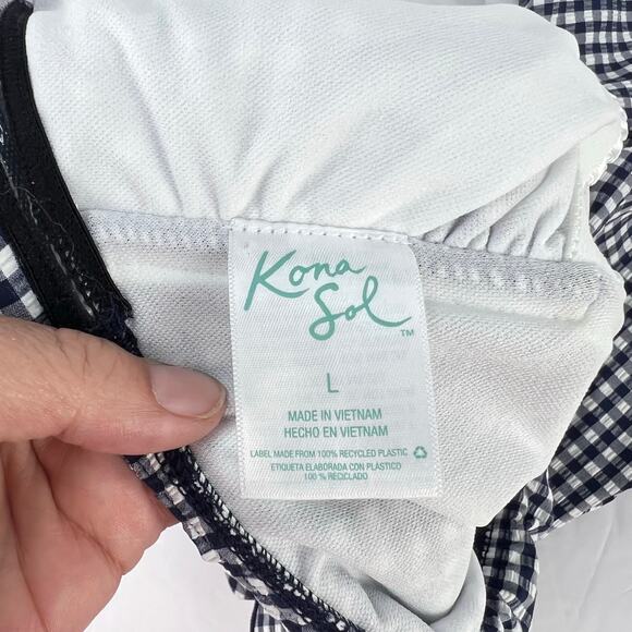 Kona Sol Gingham Ruffled Neck Multi Strap Padded Ruched One Piece Swim Suit L - Picture 13 of 14